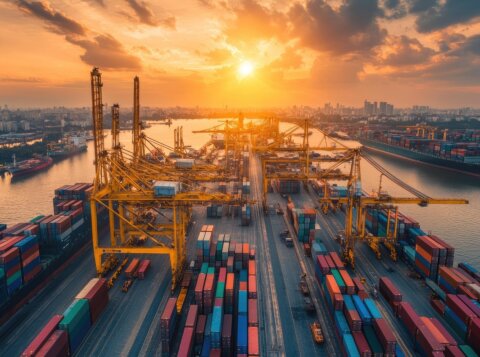 ai generated, cargo, port, containers, cargo port, shipping, container shipping, nature, shipping industry, transport, freight, logistics, aerial view, industry, freight transport, sunset